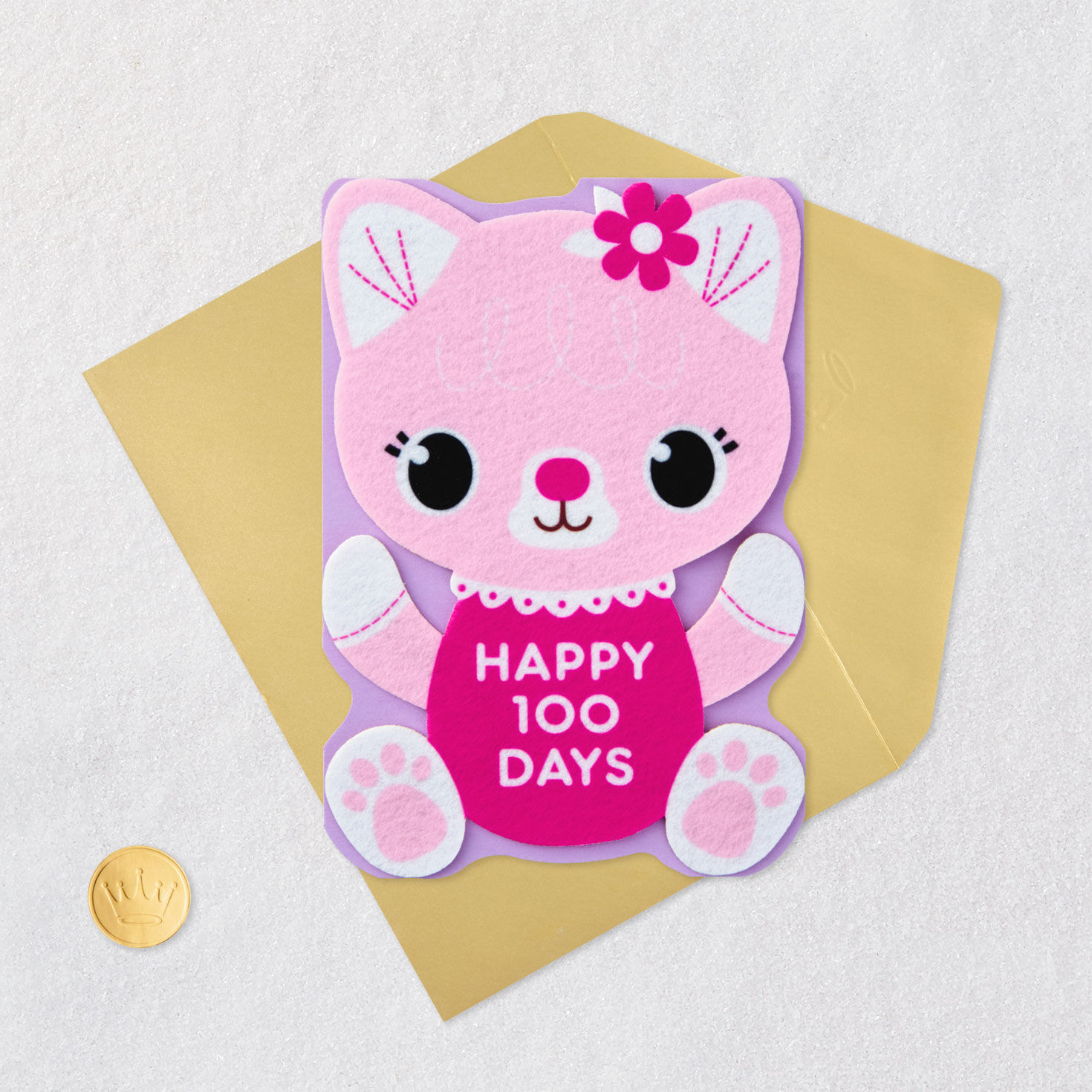Pink Cat 100 Days New Baby Girl Card Card Front with Envelope and Gold Seal image number 5