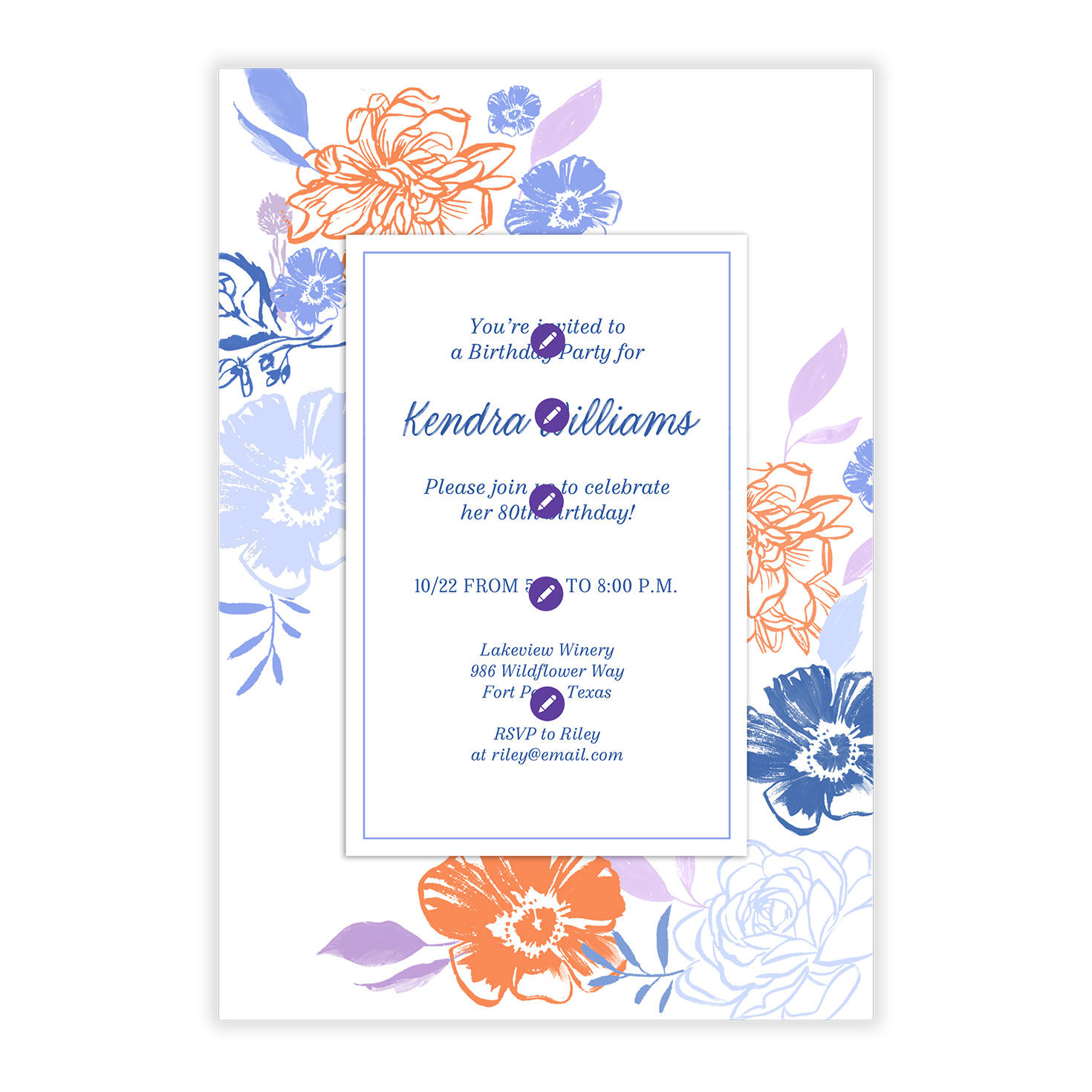 Blue Orange Flowers Personalized Party Invitation front image number 5