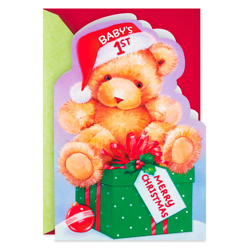 Merriest Hugs Teddy Bear Baby’s First Christmas Card With Sticker, 
