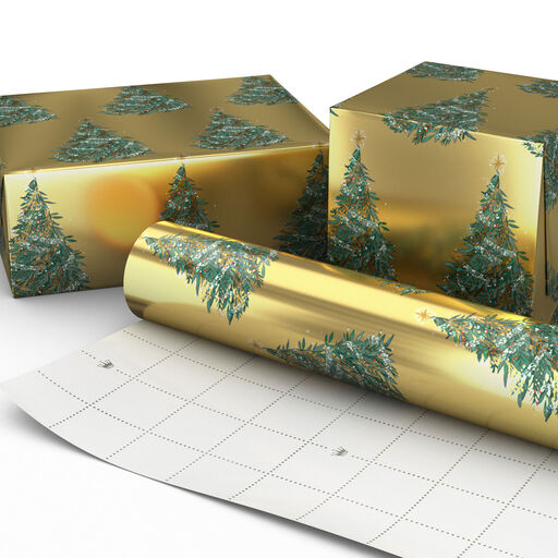 Christmas Trees on Gold Foil Holiday Wrapping Paper, 22.5 sq. ft., 