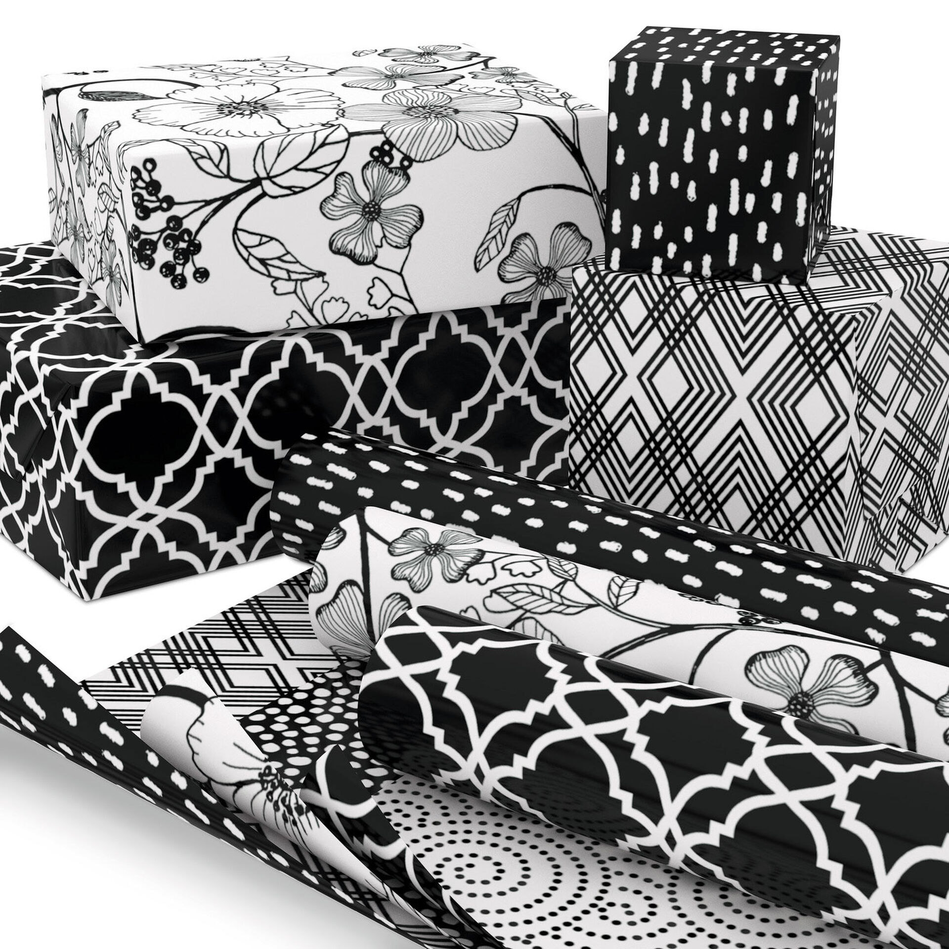 Black and White Prints 3-Pack Reversible Wrapping Paper, 75 sq. ft ...