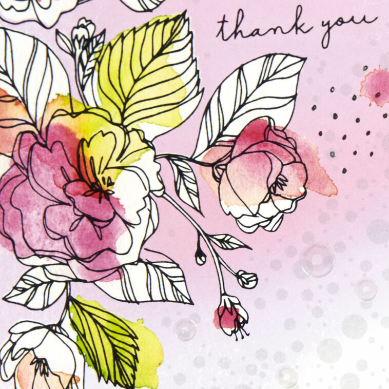 Watercolor Flowers and Sequins Blank Thank You Card  image number 3