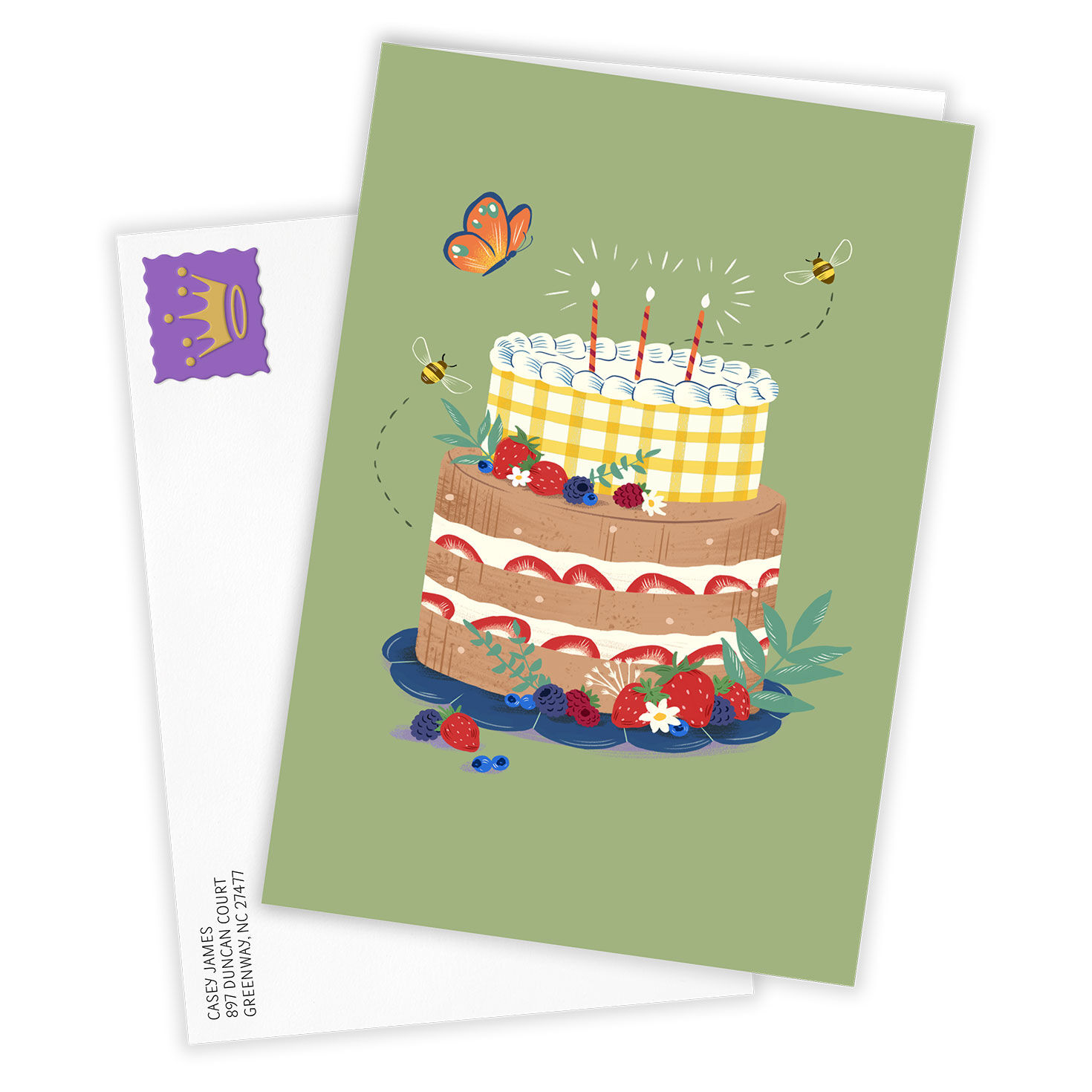 Cake With Fruit, Butterfly Personalized Birthday Card Card Front with Envelope image number 2
