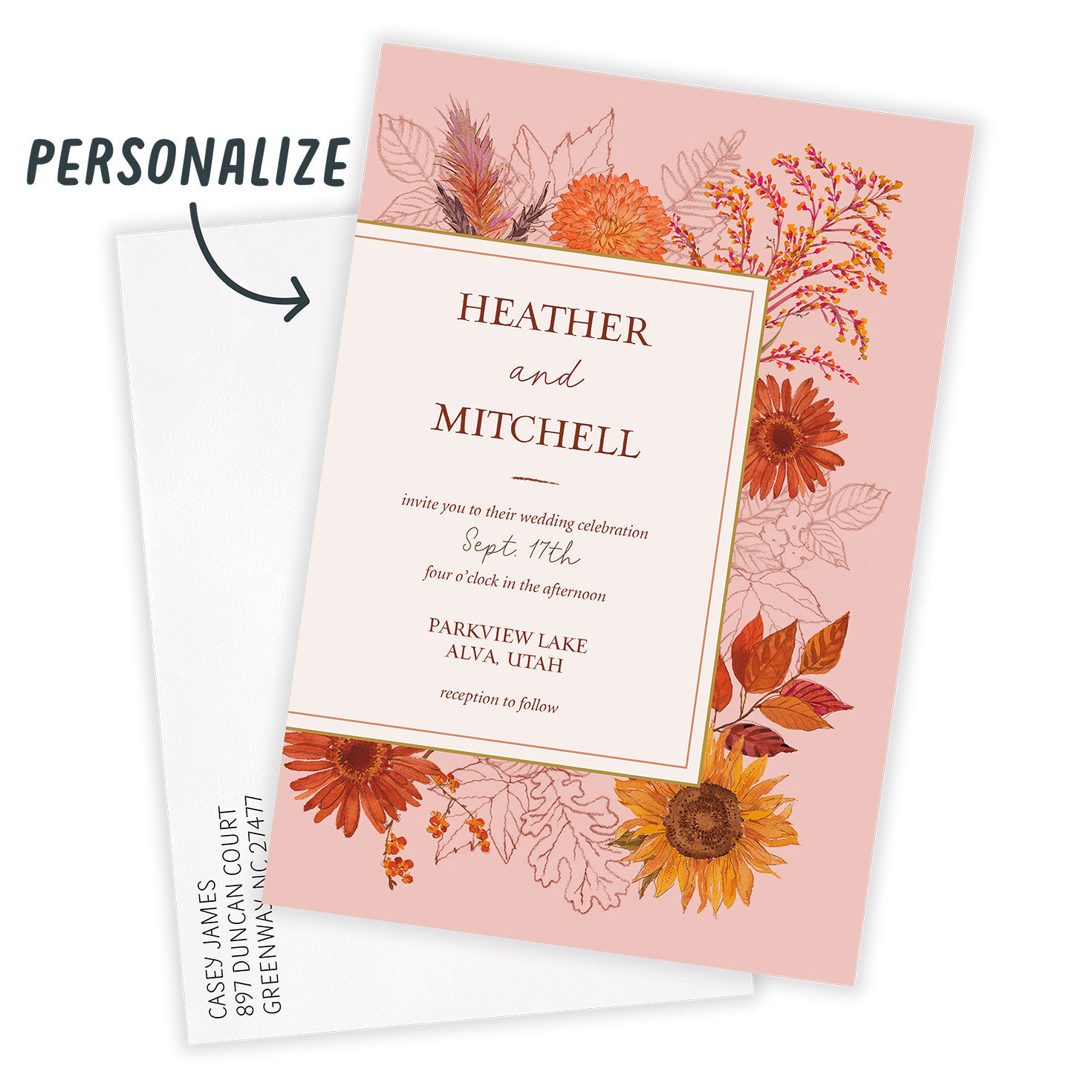 Fall Flowers on Rose Pink Wedding Invitation, , large image number 2