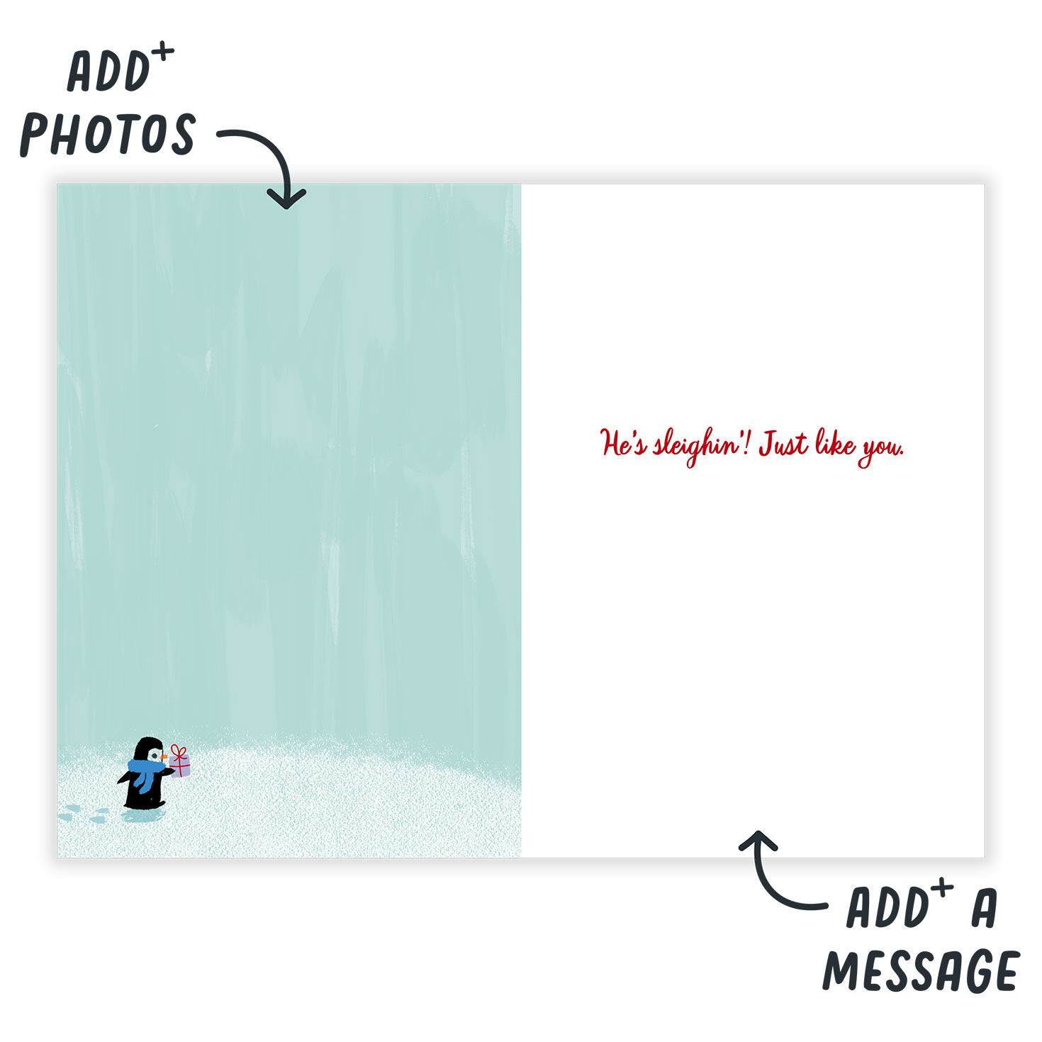 Elves Penguins in Snow Personalized Christmas Card Open Card indicating personalization image number 3