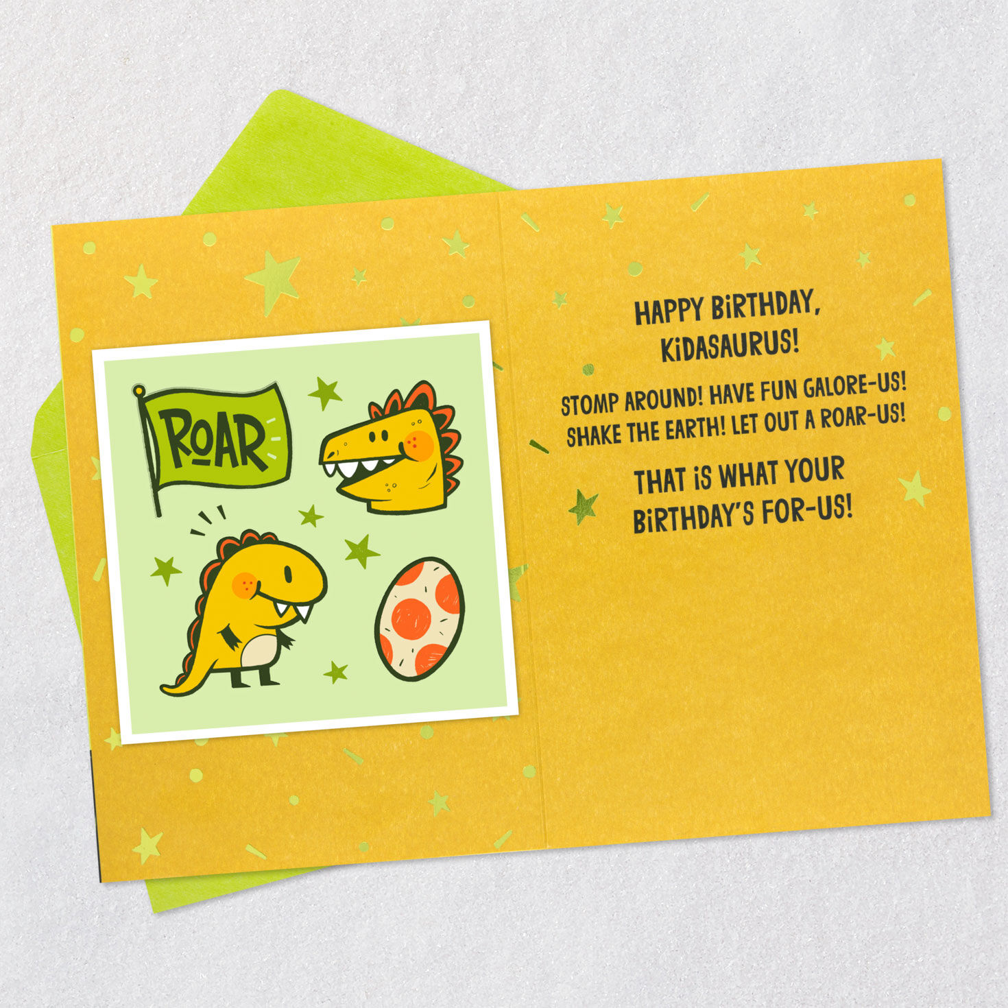 Dinosaur in Party Hat Kids Birthday Card With Stickers Open card with envelope image number 3