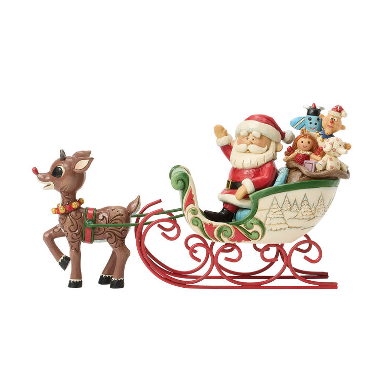 Jim Shore Rudolph Pulling Santa in Sleigh Figurine, 5"