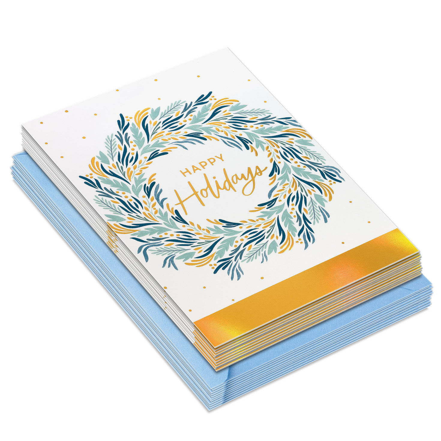 Blue Wreath on White Boxed Christmas Cards front stacked image number 2