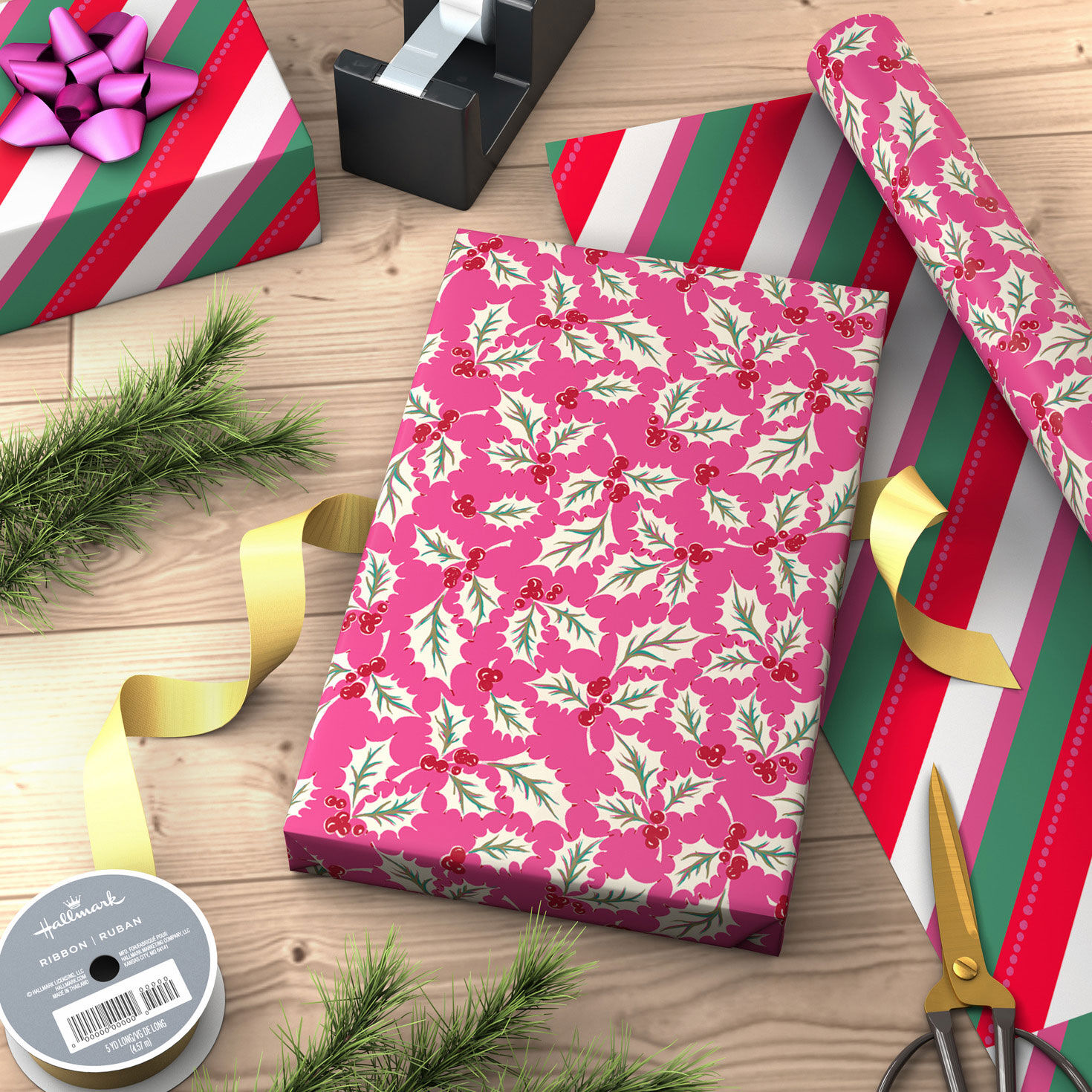 Holly/Bright Stripes Reversible Christmas Gift Wrap in use image number 3