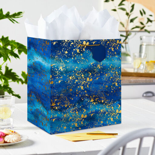 15" Gold Splatter on Navy Blue Extra-Deep Gift Bag, 