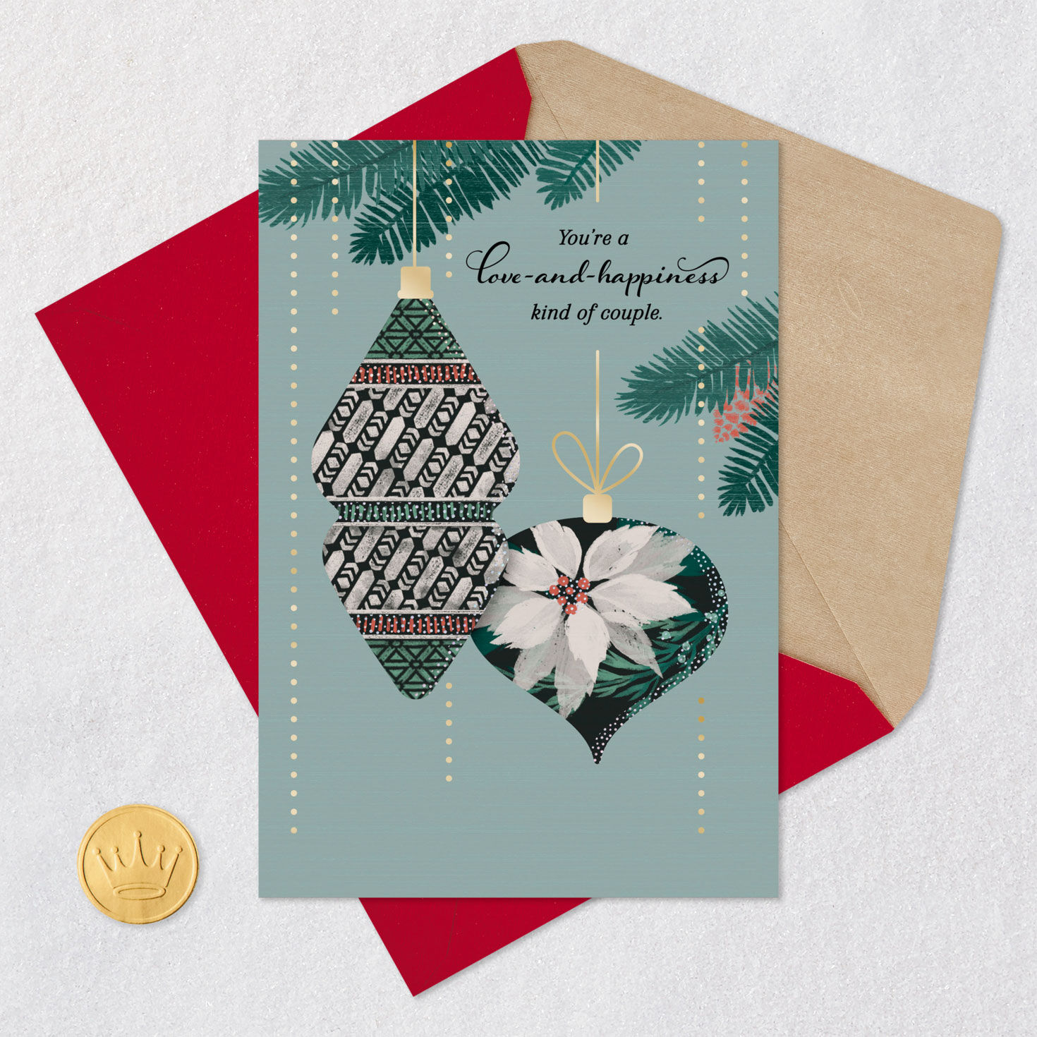 Painted White Poinsettia Ornament Christmas Card for Couple Card Front with Envelope and Gold Seal image number 5