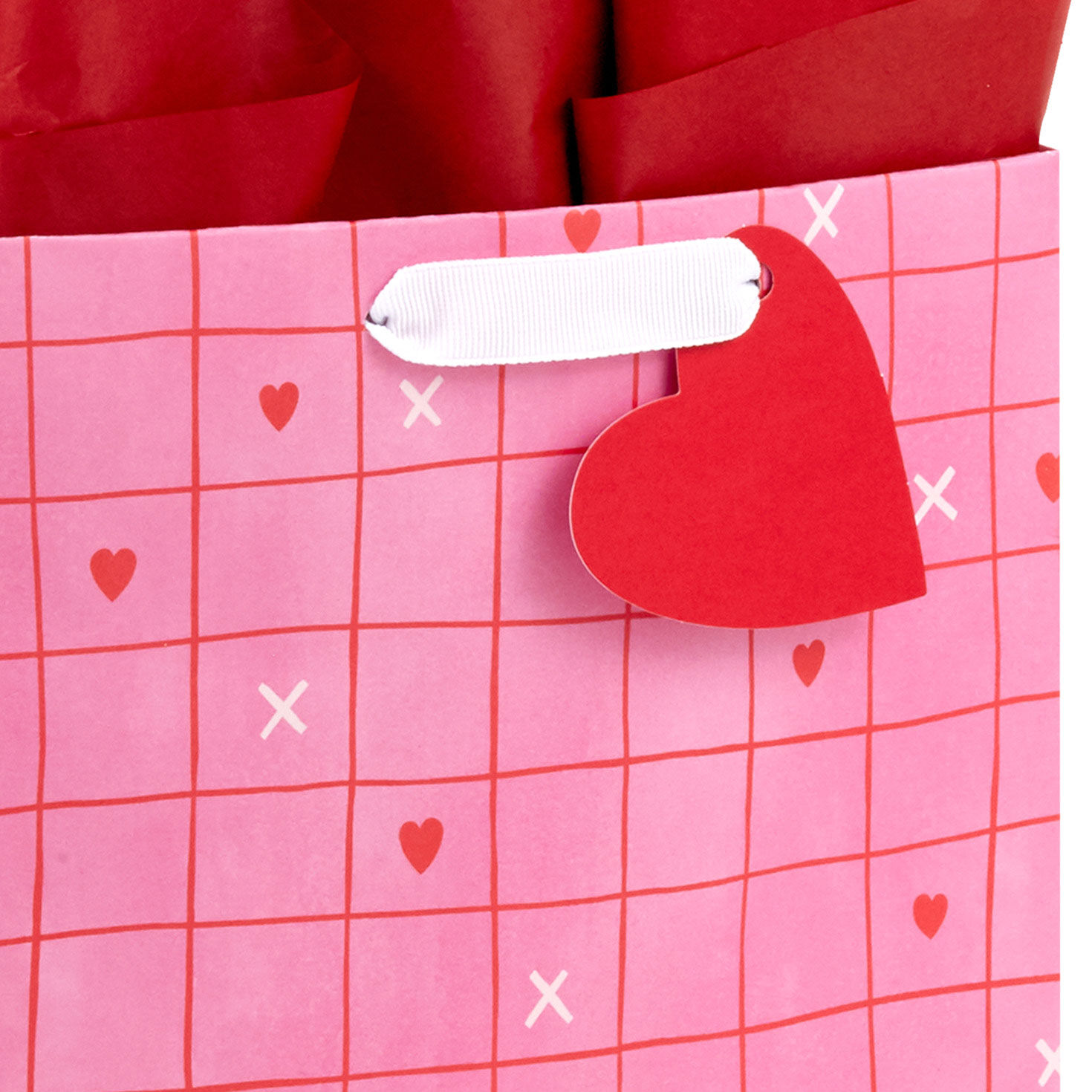 9.6" Red Grid on Pink Medium Valentine's Day Gift Bag With Tissue Paper, , large image number 4