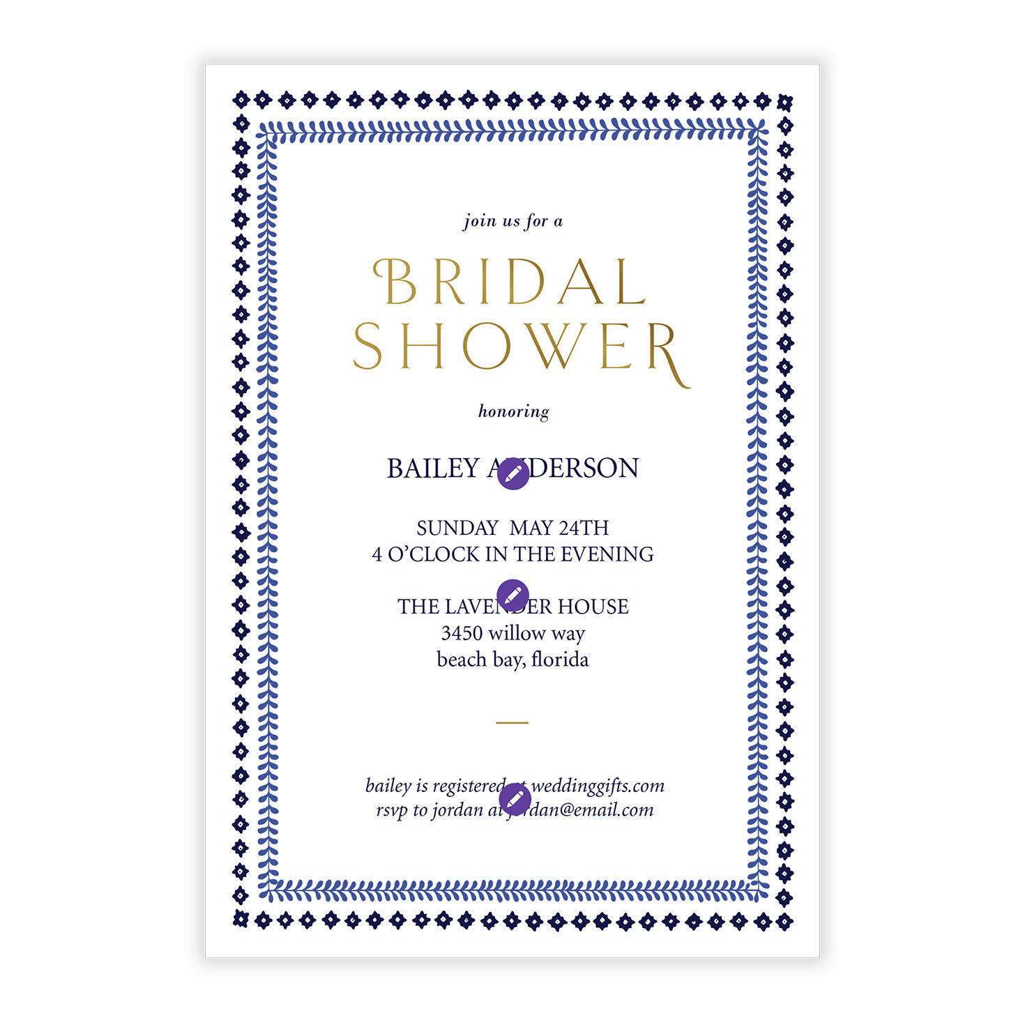 Blue Pattern Borders Personalized Shower Invitation Card Front indicating personalization image number 5