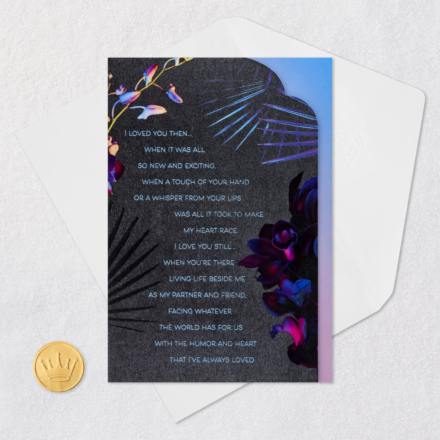 Jewel-toned Orchid Romantic Anniversary Card Card Front with Envelope and Gold Seal image number 5