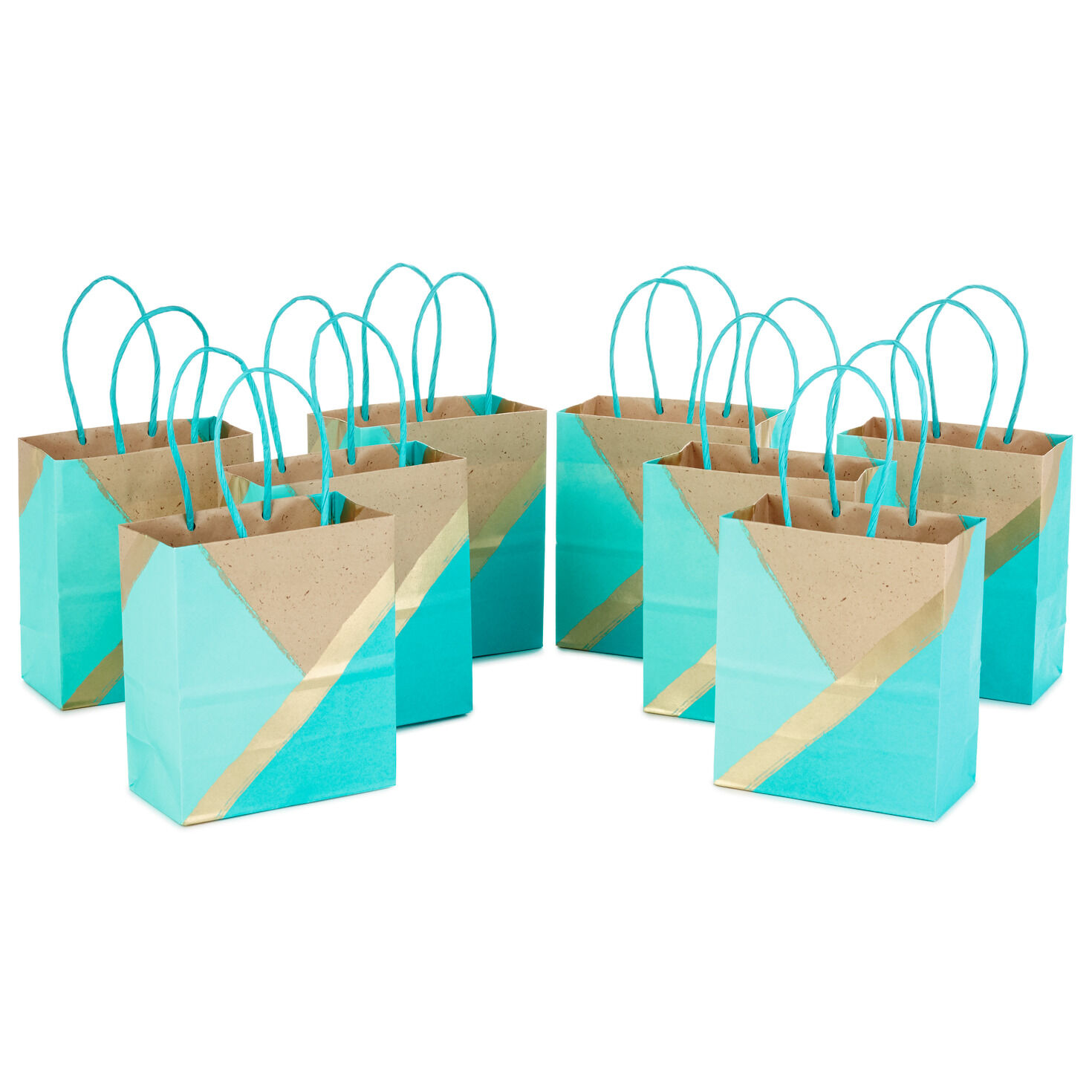 6.5" Turquoise and Kraft Paper 8-Pack Gift Bags