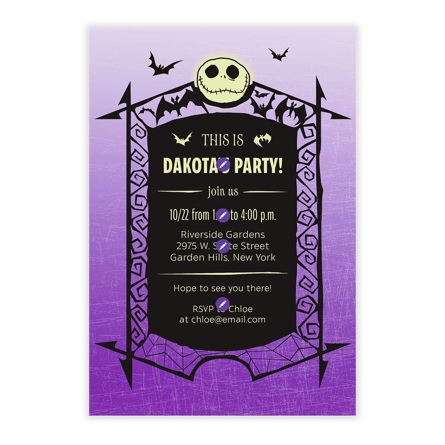 Jack Face on Purple Personalized Party Invitation Card Front indicating personalization image number 5