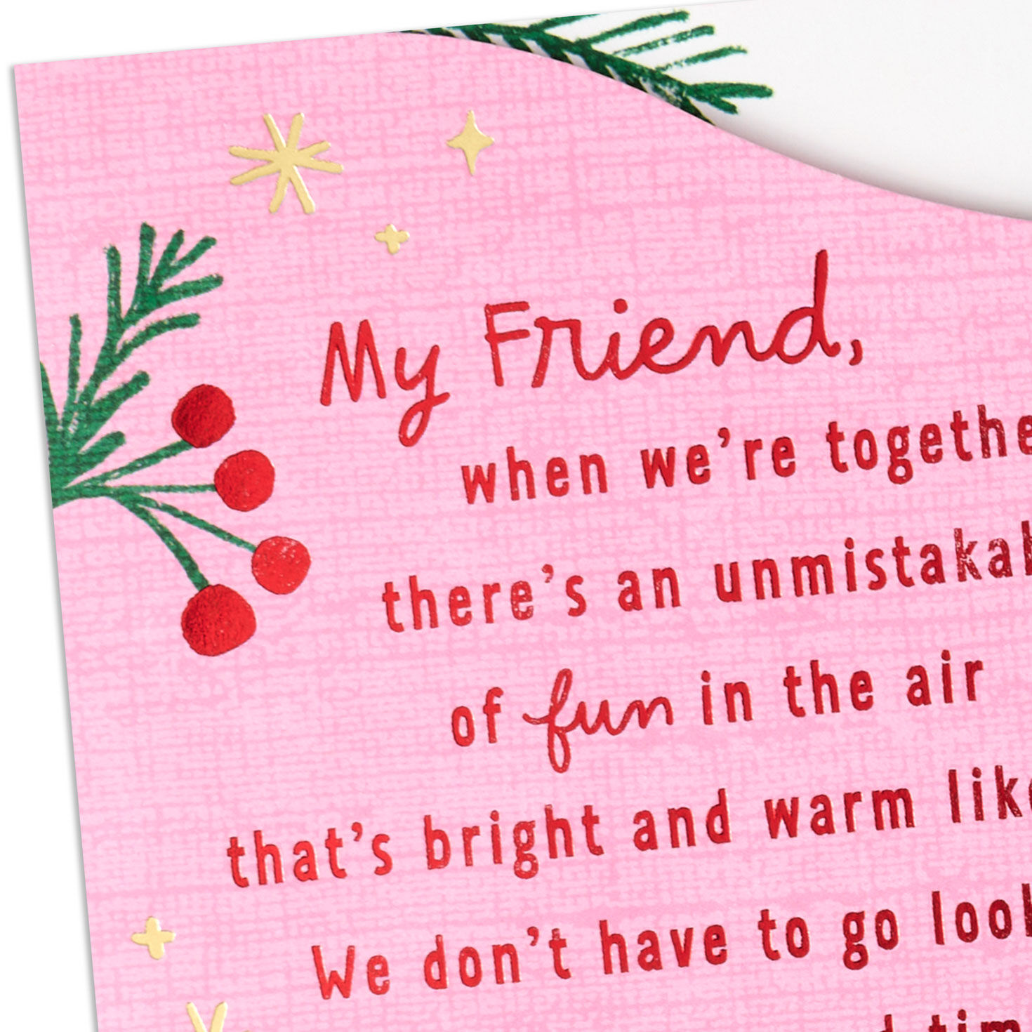 Pine Branches on Pink Friend Christmas Card Card Front Detail image number 5