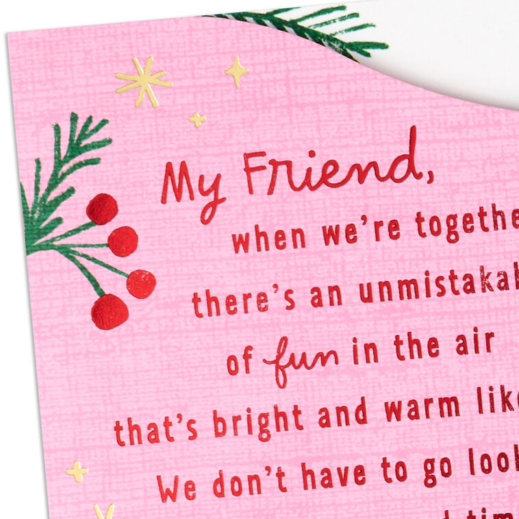 Pine Branches on Pink Friend Christmas Card Card Front Detail image number 5