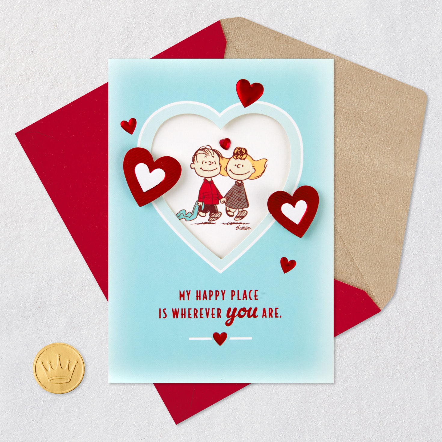 Linus and Sally in Heart Romantic Valentine's Card Card Front with Envelope and Gold Seal image number 5