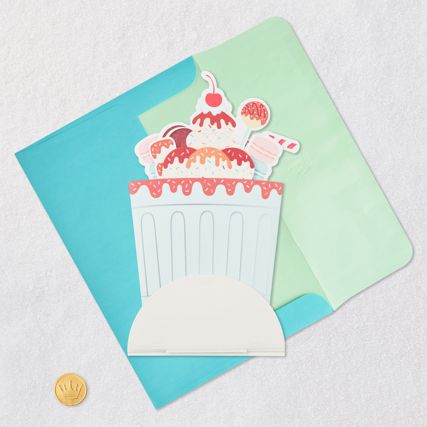 Ice Cream Sundae with Macarons 3D Pop Up Birthday Card Card Front with Envelope and Gold Seal image number 5