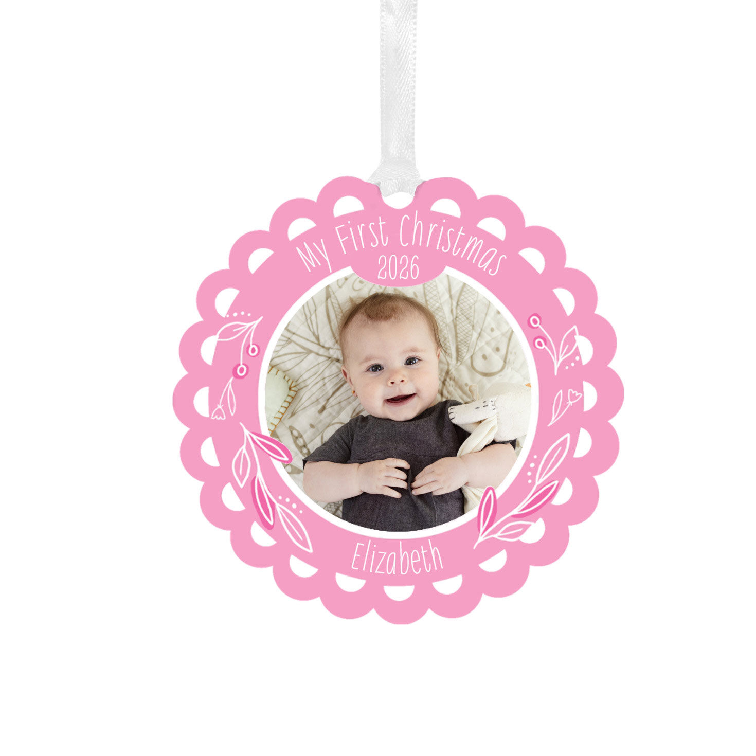 Baby's First Christmas Pink Scalloped Metal Personalized Ornament, Custom Photo and Text