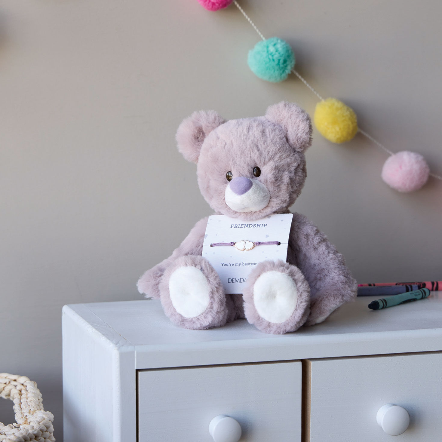Demdaco Friendship Lavender Plush Bear With Hearts Bracelet, , large image number 6