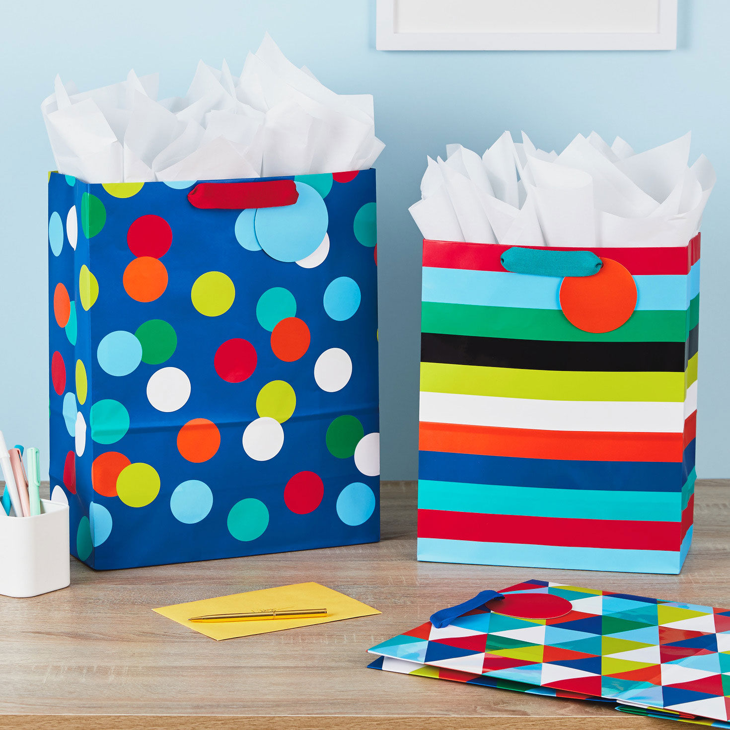 Colorful Geometrics Large and XL Gift Bags Trio in use image number 2