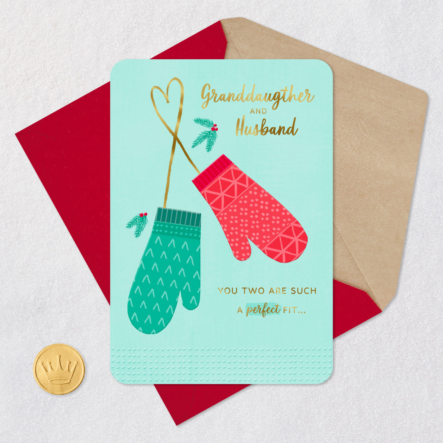 2 Mittens Granddaughter and Husband Christmas Card Card Front with Envelope and Gold Seal image number 5