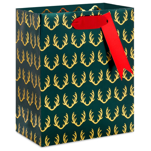 6.5" Gold Antlers on Metallic Forest Green Small Christmas Gift Bag, 