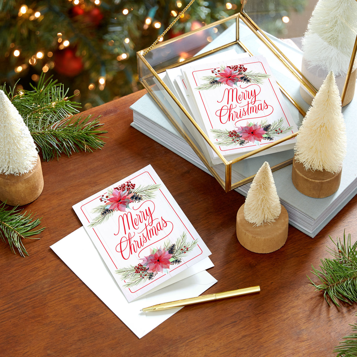 Red Flowers and Wood Plank Christmas Card Pack in use image number 6