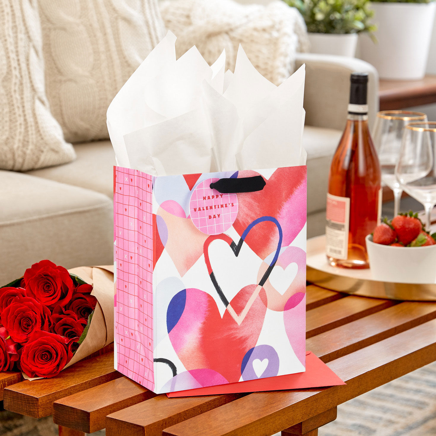 9.6" Watercolor Hearts Medium Valentine's Day Gift Bag With Tissue Paper, , large image number 2