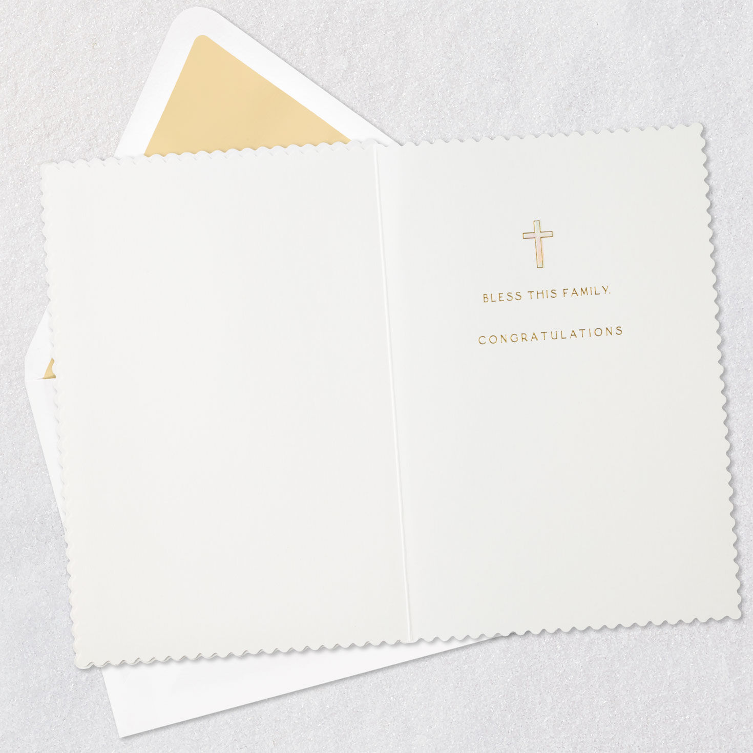 Peach and Gold Cross Baby Baptism Congrats Card Open card with envelope image number 3