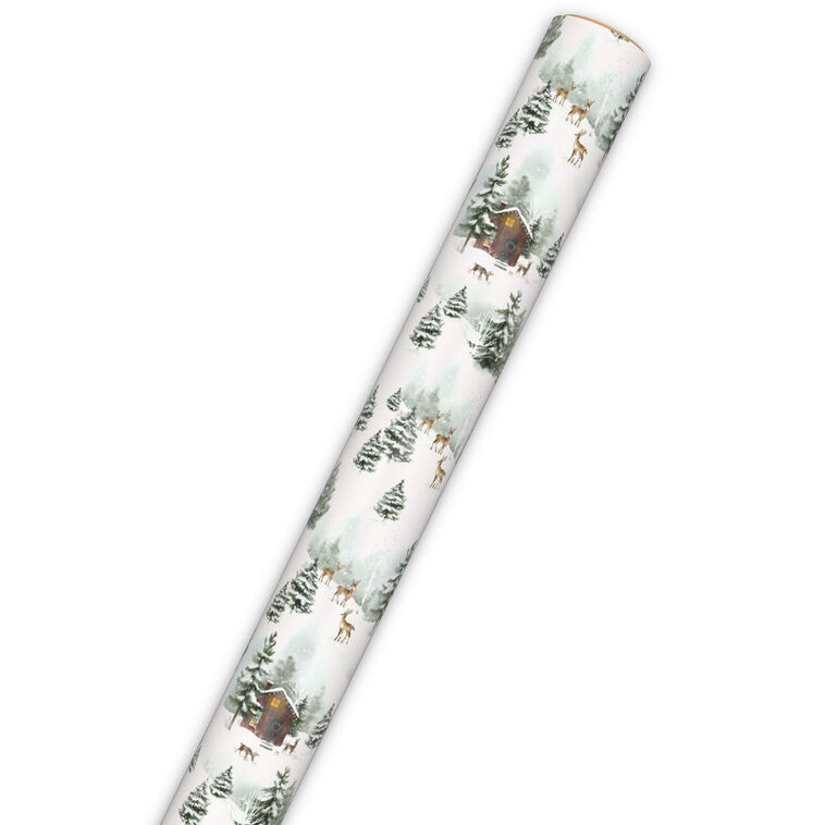 Snowy Cottage on White Holiday Wrapping Paper Roll  image number 6