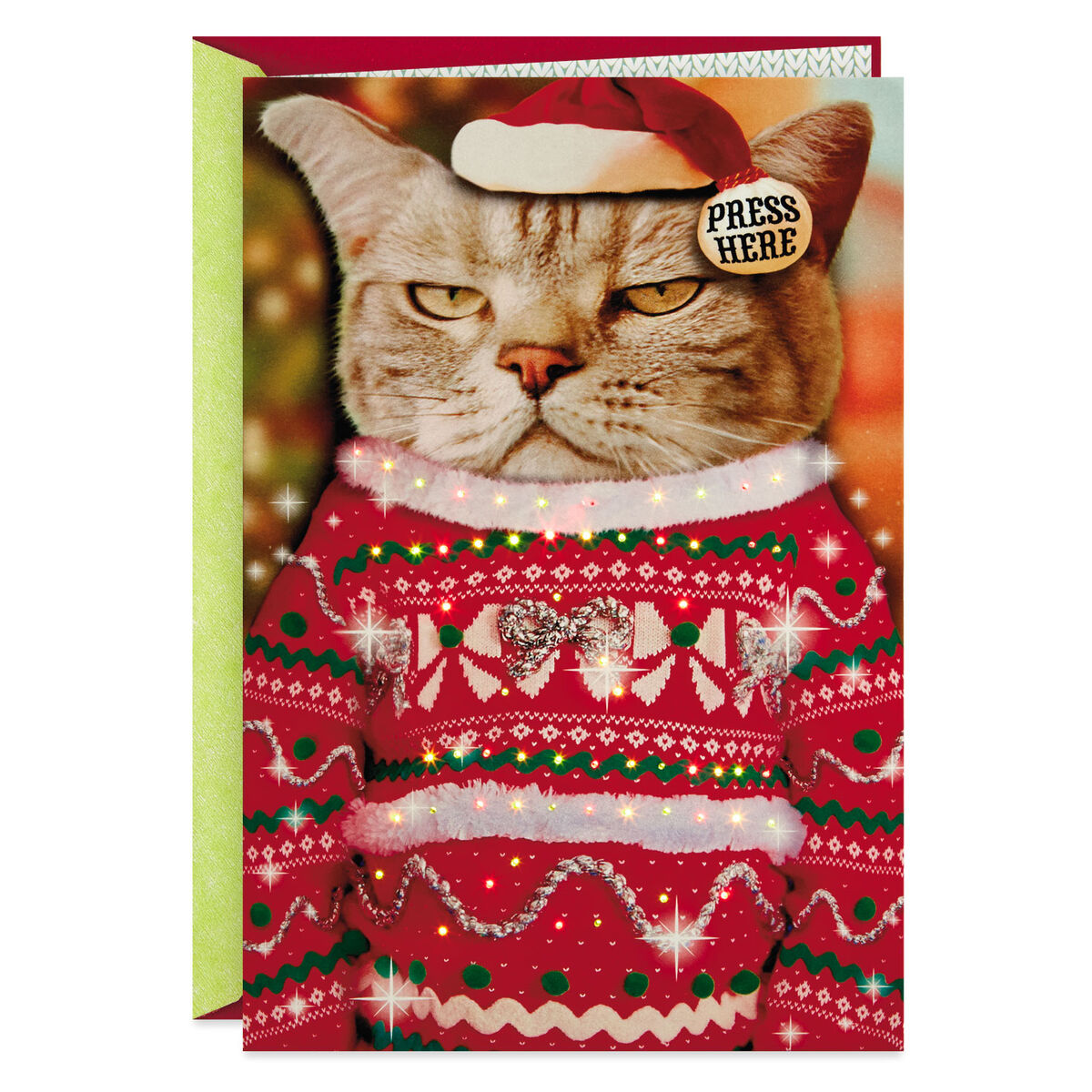 Festive Cat Funny Musical Christmas Card With Light - Greeting Cards