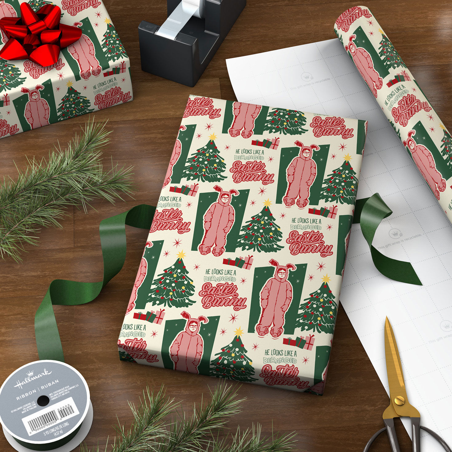 A Christmas Story Bunny Suit Holiday Wrapping Paper in use image number 3