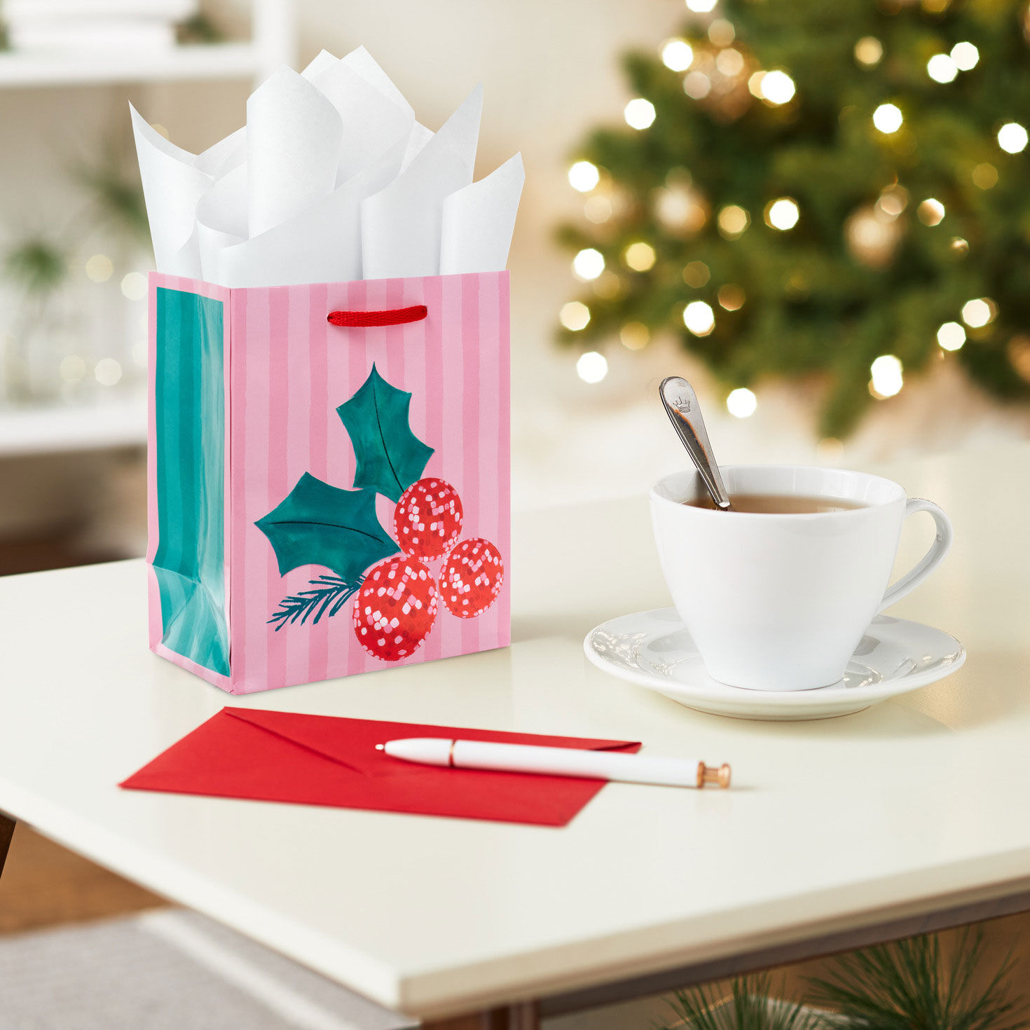 Disco Berries on Pink Small Christmas Gift Bag In use image number 2