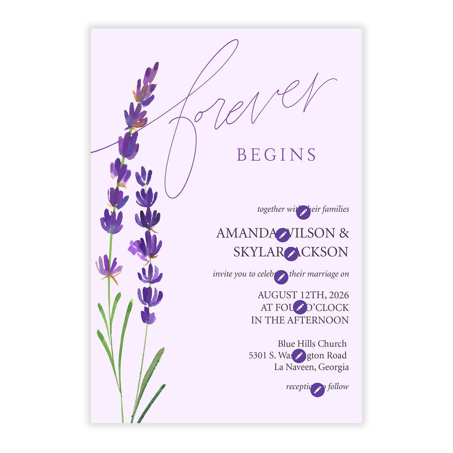 Lavender Flower Sprig Personalized Wedding Invitation Card Front indicating personalization image number 5