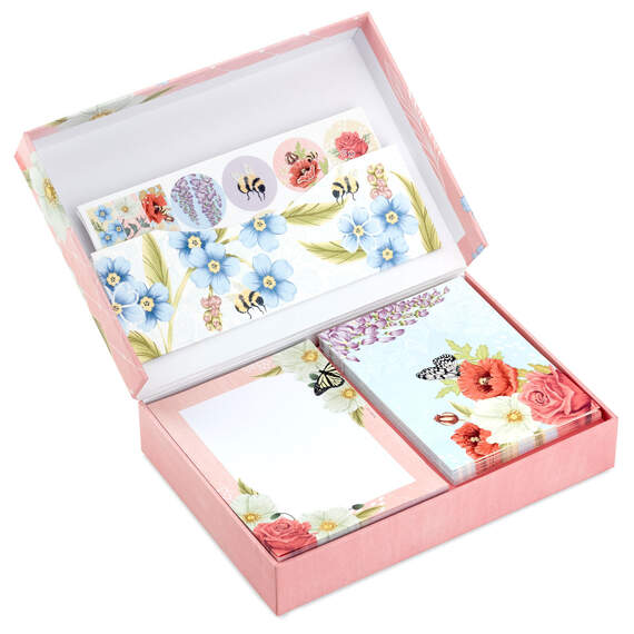 Pink Floral Stationery Set and Desk Organizer Box