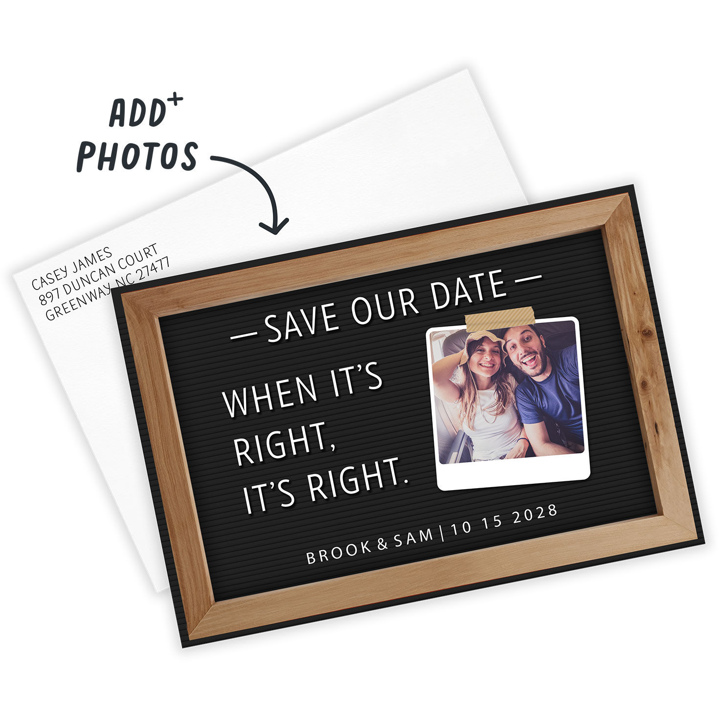 Wood Frame Letter Board Personalized Save the Date Card Card front with Envelope indicating personalization image number 2