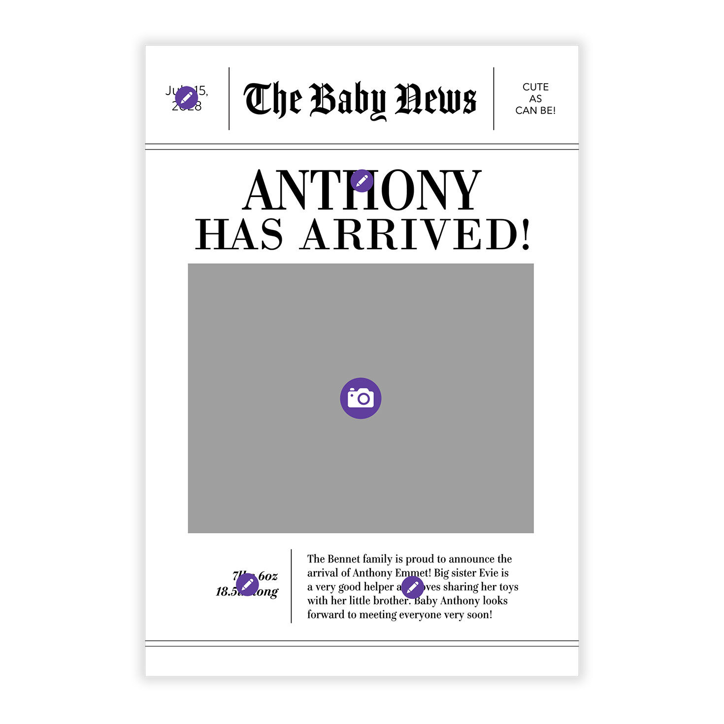 Baby News Personalized Baby Announcement Card Front indicating personalization image number 5