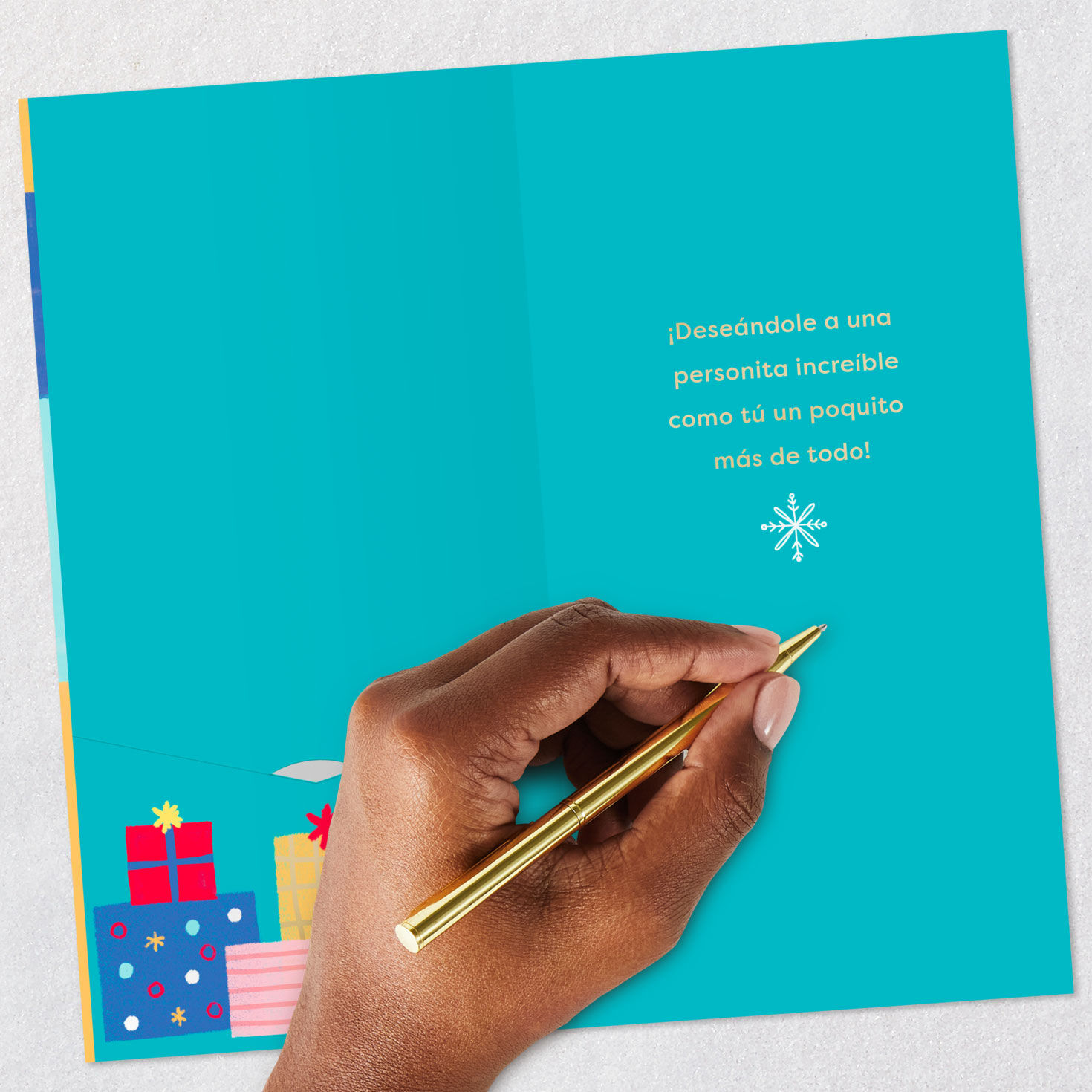 Holiday Icon Color Blocks Christmas Card in Spanish Signing card image number 6