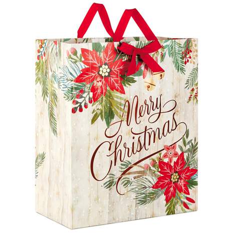 Poinsettia With Stripes Jumbo Christmas Gift Bag, 20", , large