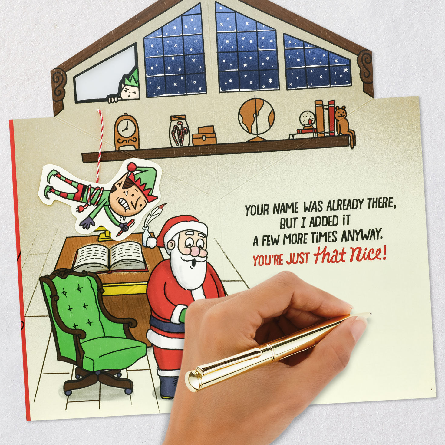 Funny Elf Nice List Pop Up Christmas Card Signing card image number 6