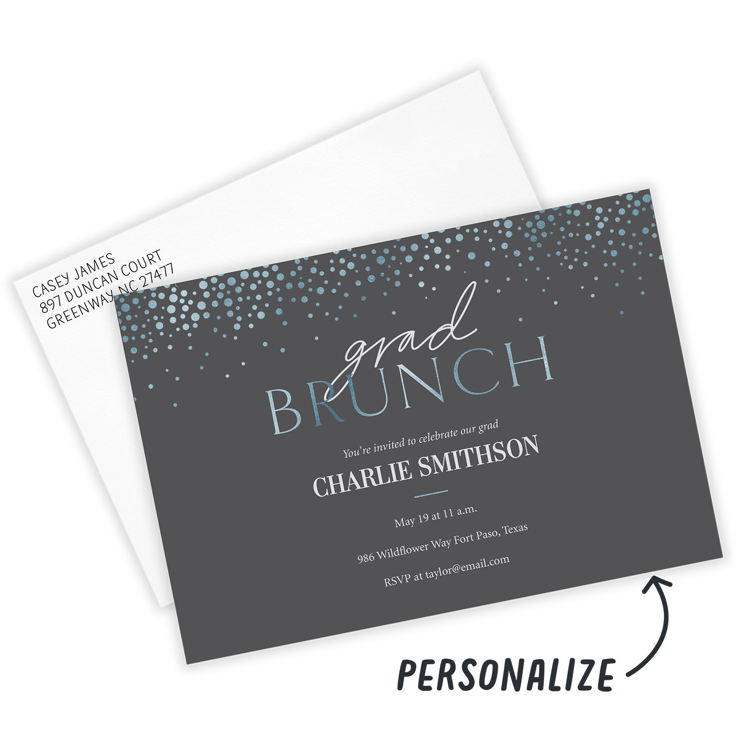 Blue Dots on Gray Grad Brunch Invitation Card Front indicating personalization image number 2