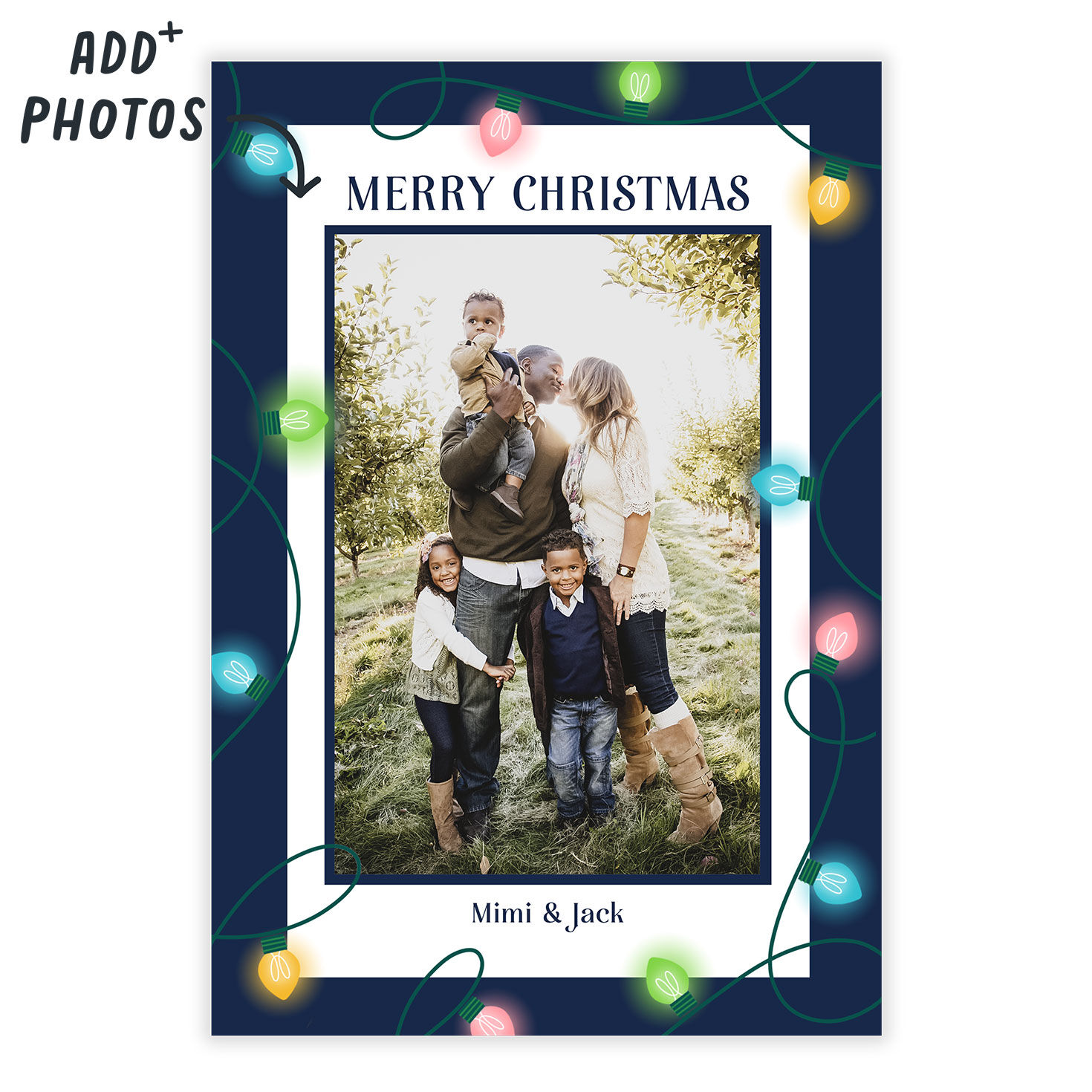 String Lights Blue Frame Personalized Christmas Card Card Front indicating personalization image number 2