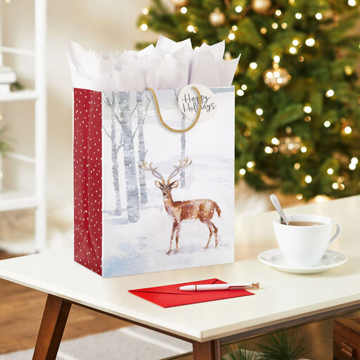 13" Deer Among Birch Trees Large Holiday Gift Bag, 