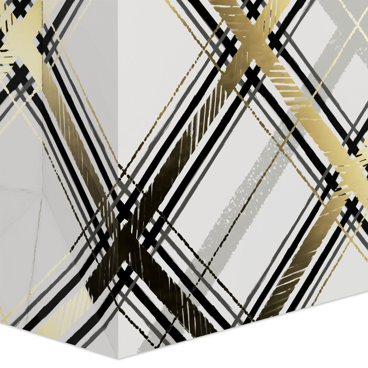 Black and Gold Plaid on White Large Holiday Gift Bag Base/Side Detail image number 5