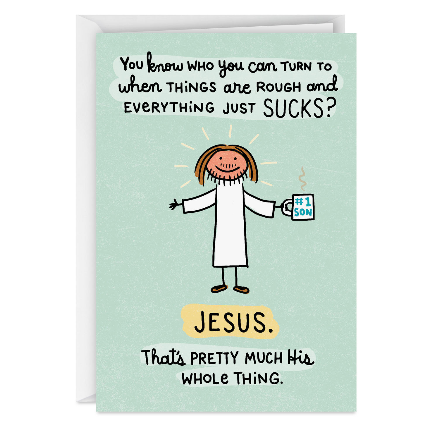Jesus With Coffee Mug Funny Encouragement Card Card Front image number 1