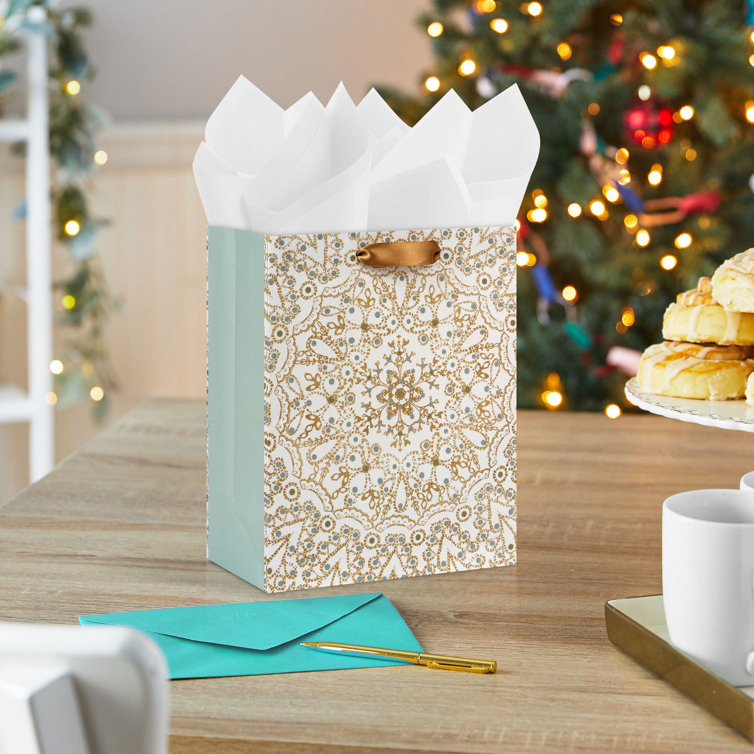 Snowflake Mandala Medium Holiday Gift Bag in use image number 2