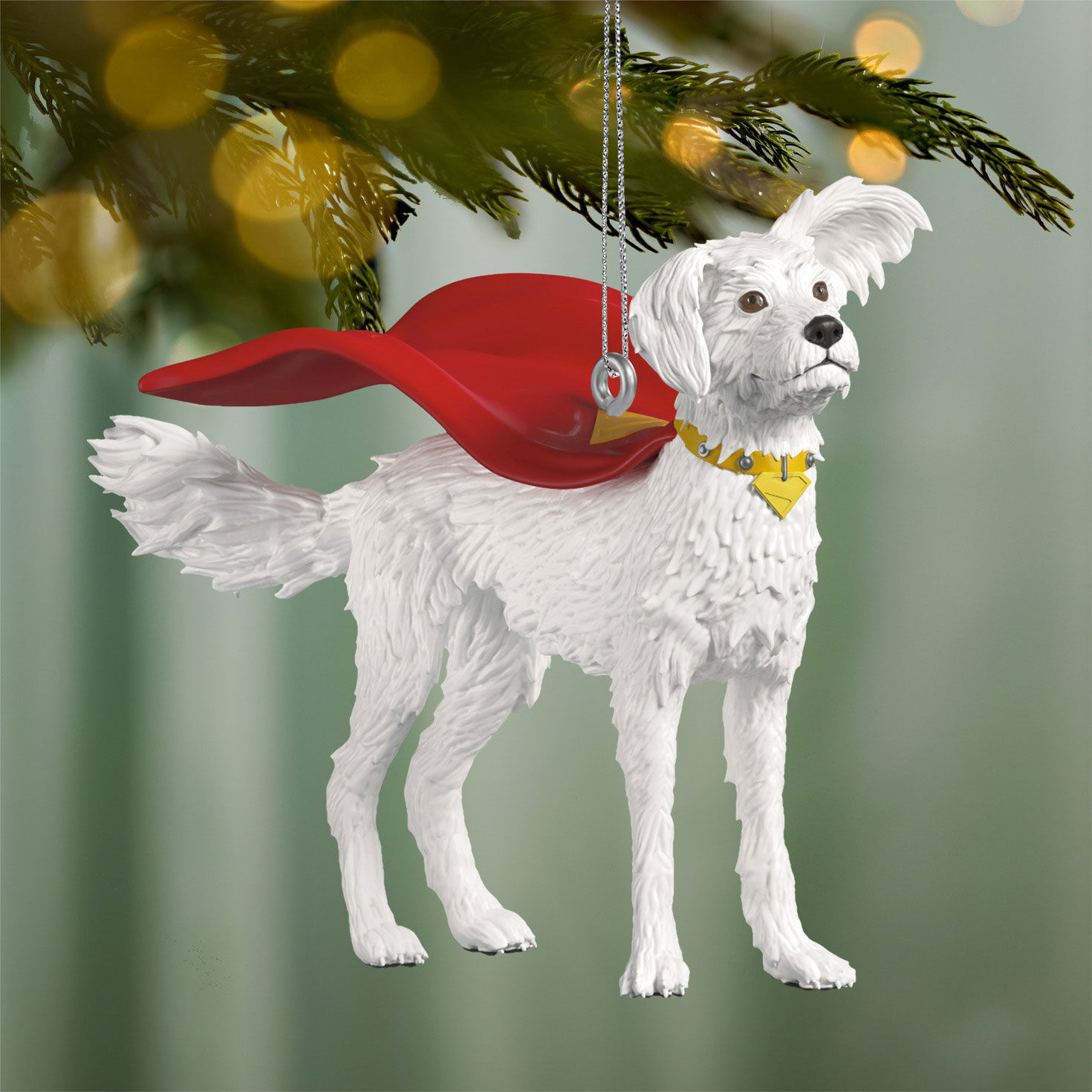 White Dog With Red Cape Keepsake Ornament hanging on tree image number 2